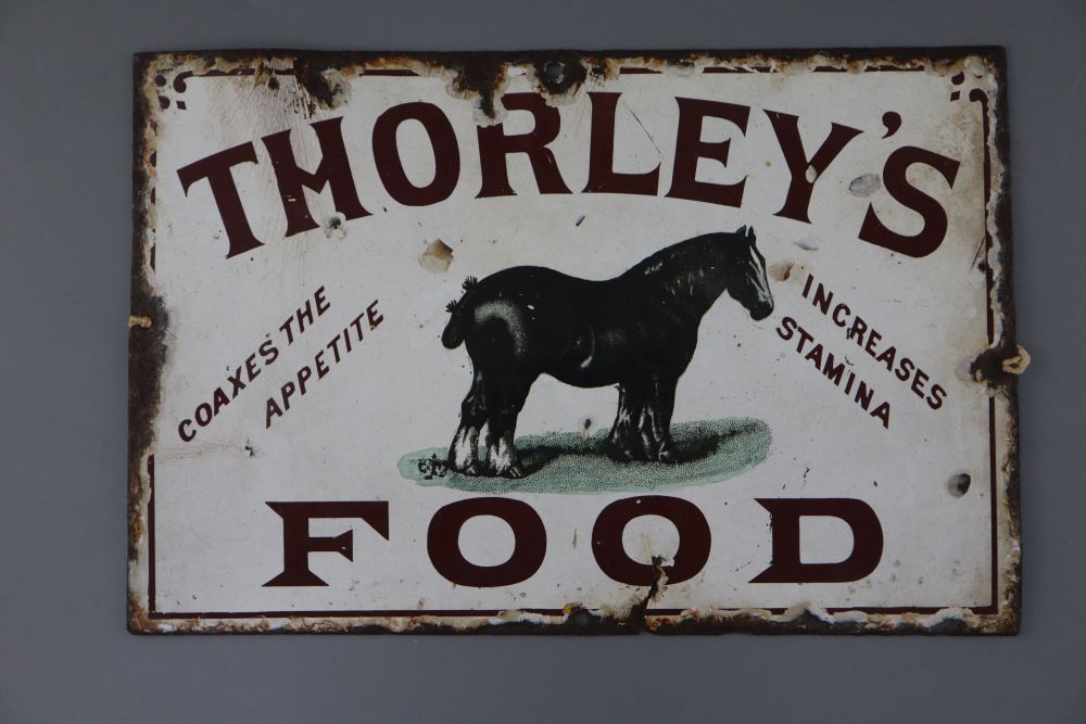 A Thorleys Food enamel sign, 20 x 31cm